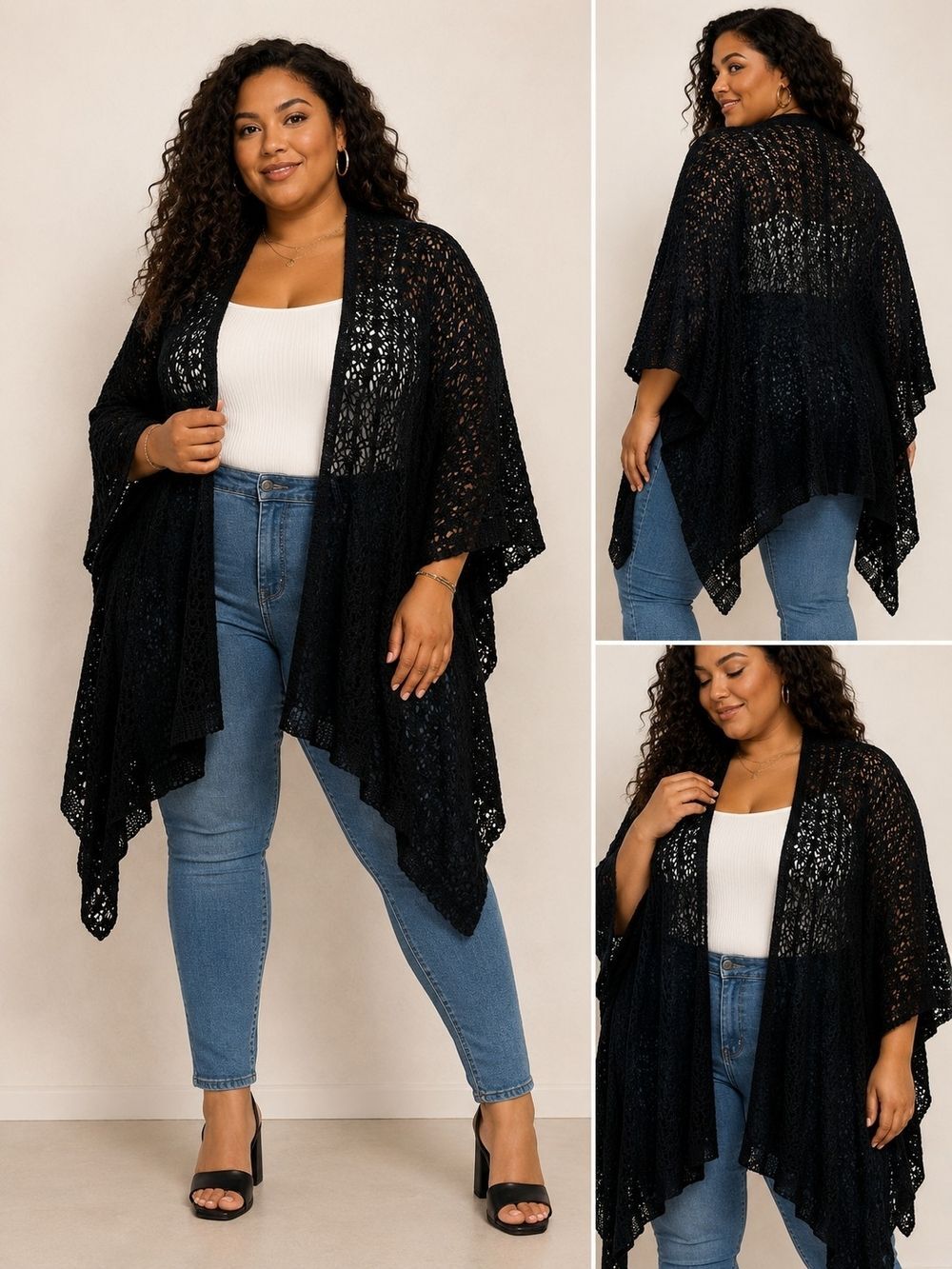 Blk Crochet Knit Open Front Shawl Cardigan Wrap Lightweight Boho Layering Piece
